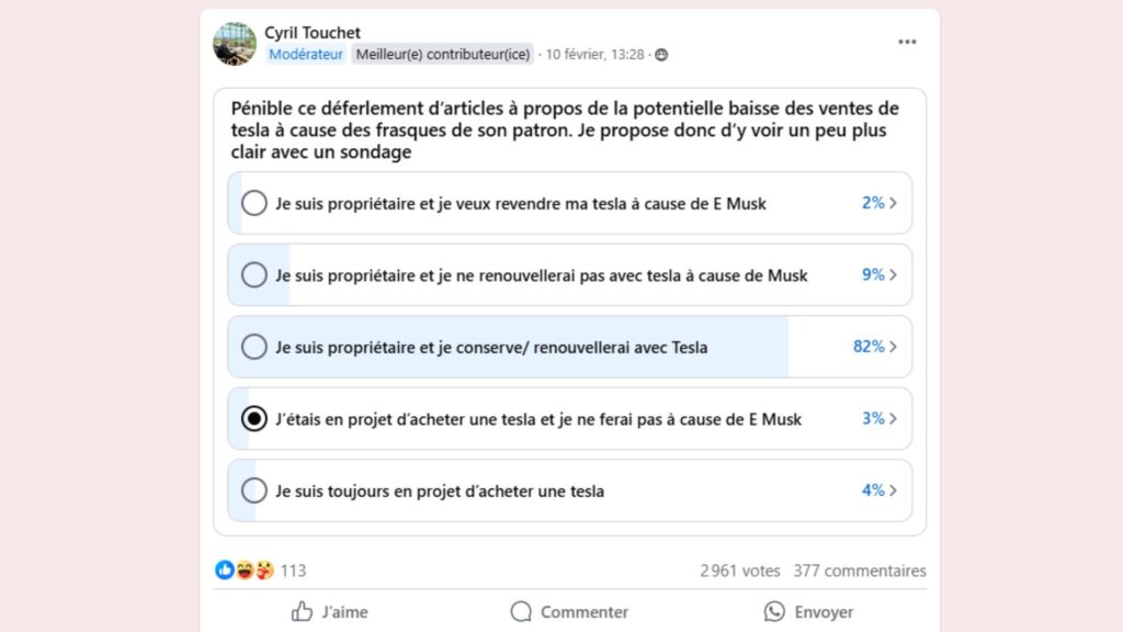 Sondage sur le groupe Tesla Owner Club France // Source : Capture groupe Facebook