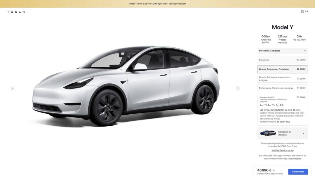 Fin de la vente des Model Y Propulsion  // Source : capture site Tesla