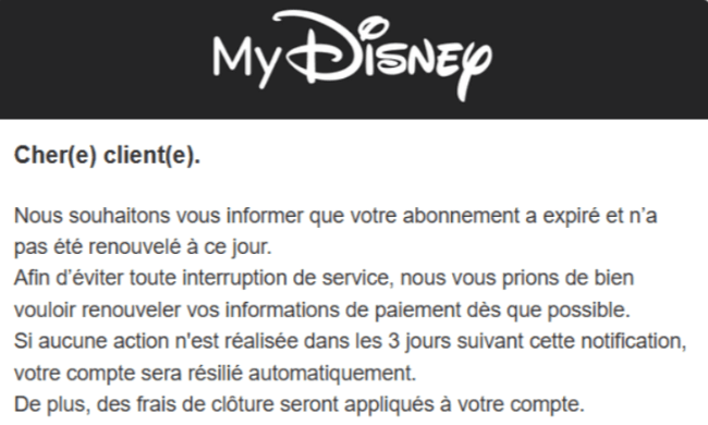 Le faux mail usurpant Disney+. // Source : Numerama