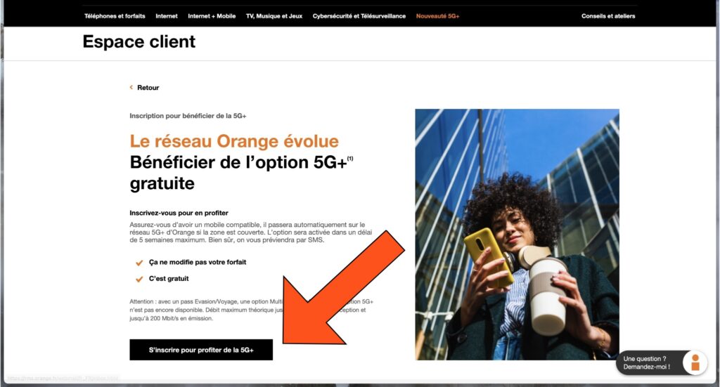 Le bouton d'inscription pour la 5G SA d'Orange