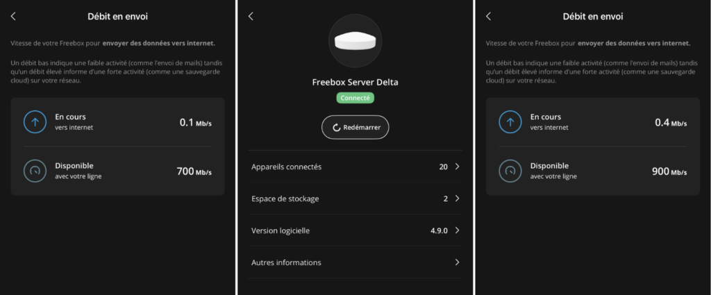 Après installation de la mise à jour 4.9.0 de FreeboxOS, notre débit montant est passé de 700 Mb/s à 900 Mb/s.