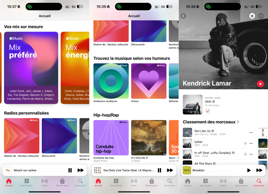 À gauche, les mix et radio personnalisées d'Apple. À droite, le bouton favori sur la page d'un artiste.