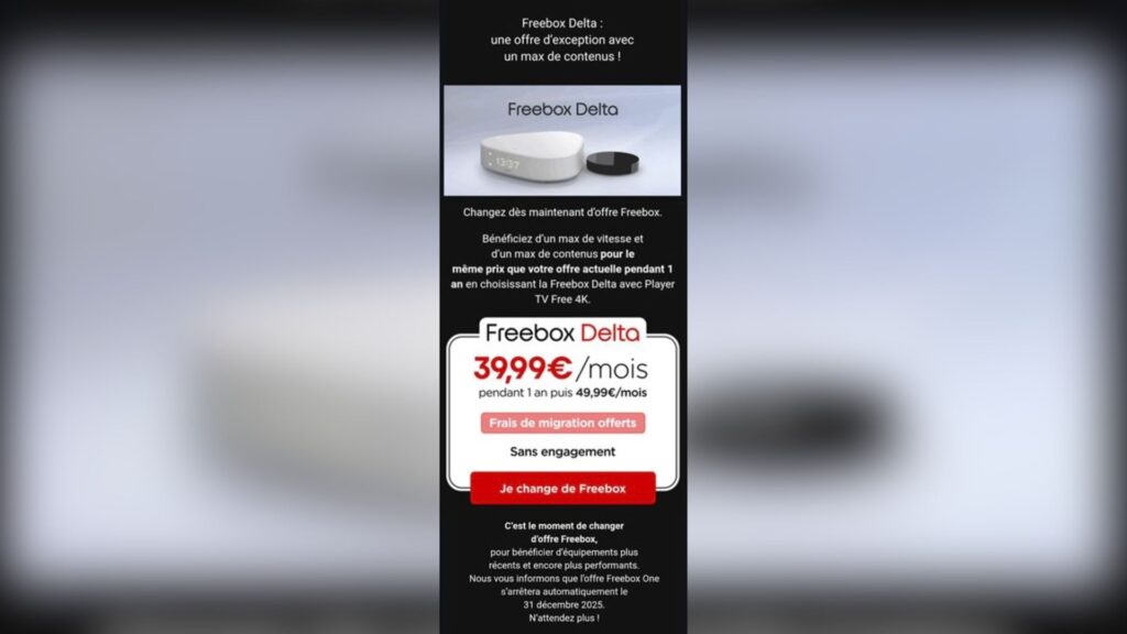 Le mail de Free à ses abonnés pour annoncer la fin de la Freebox One // Source : Tiino-X83 via X