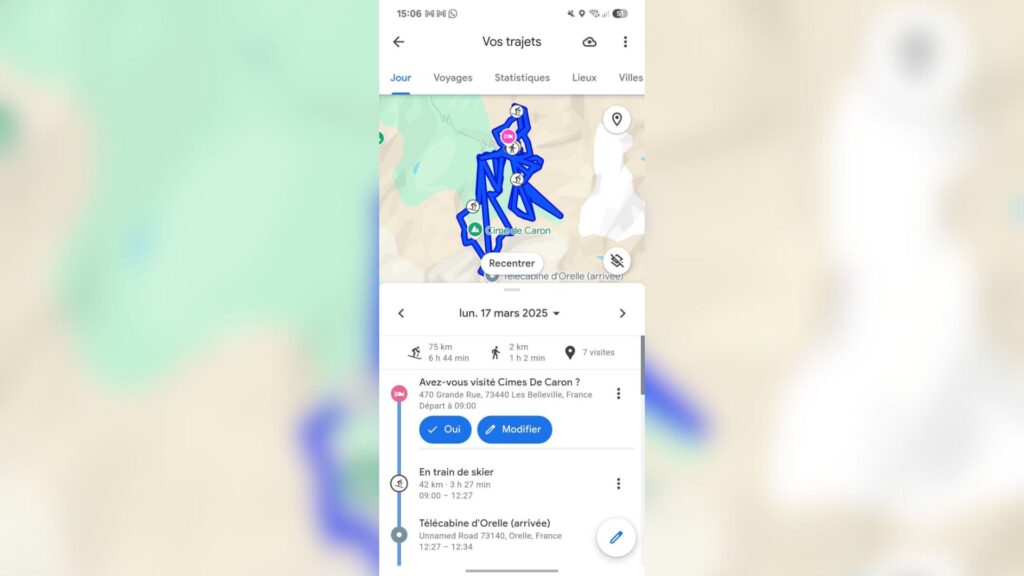 Google Maps enregistre vos trajets, même à ski // Source : Numerama