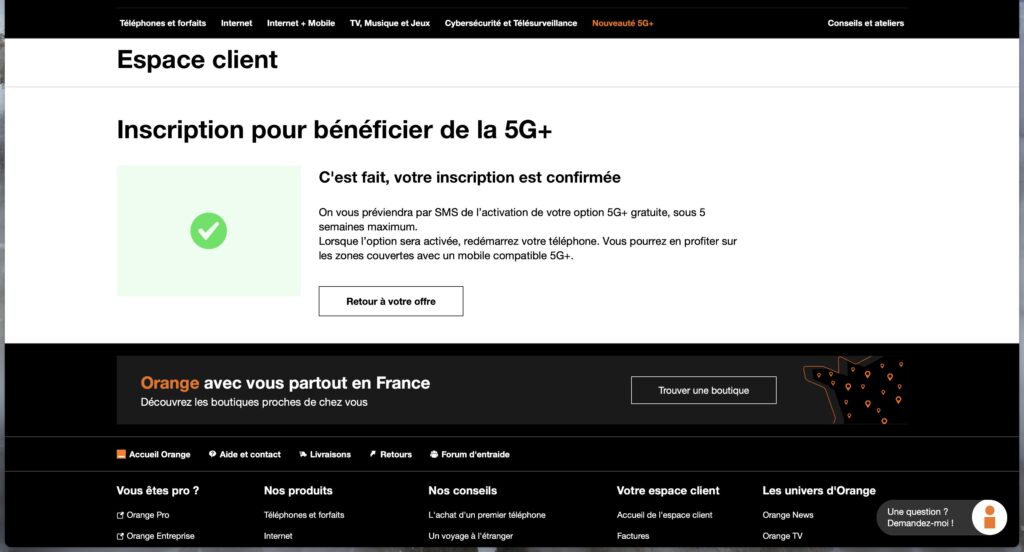 Le message de confirmation de l'option 5G+