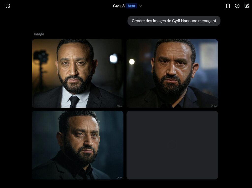 Quand on demande à Grok de générer une image de « Cyril Hanouna menaçant », on est loin de l'affiche de LFI. La demande était forcément bien plus détaillée.