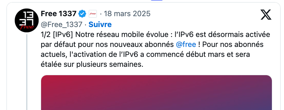 L'annonce sur l'IPv6 a été faite par le compte Free 1337.