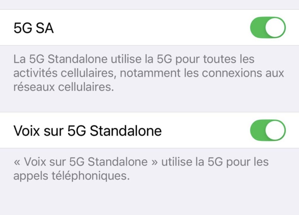 L'activation de la 5G SA dans les réglages d'un iPhone. L'activation de la 5G SA dans les réglages d'un iPhone.