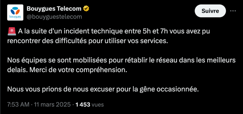 Bouygues Telecom s'excuse pour la panne sur X // Source : Numerama