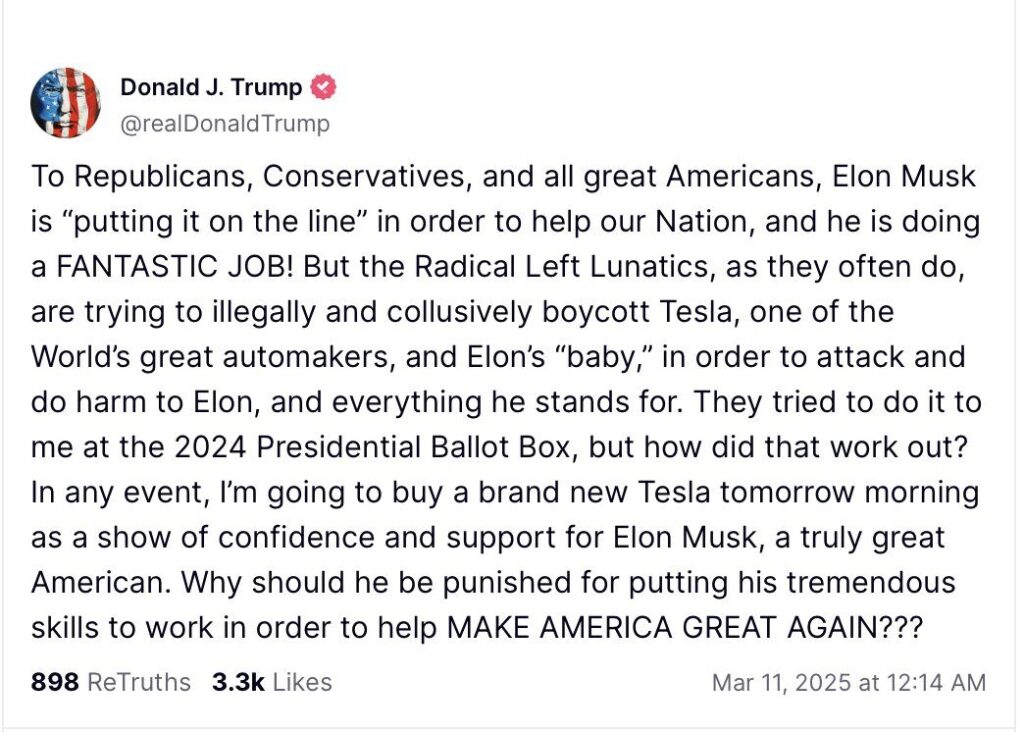 Message posté par la président Trump sur Truth Social // Source : capture d'écran