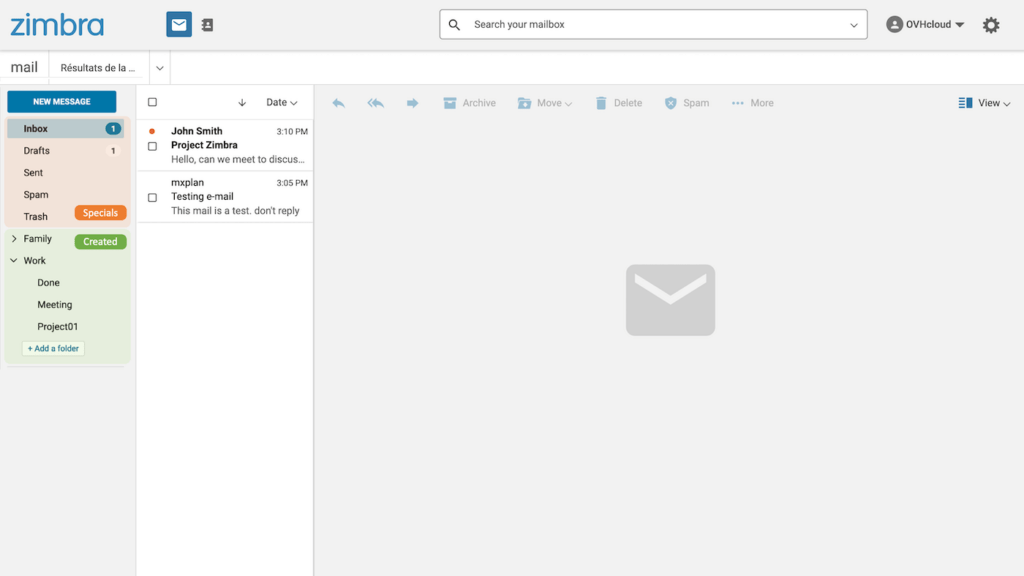 Zimbra propose une interface claire et complète qui n'a rien à envier aux messagerie traditionnelles // Source : OVHcloud