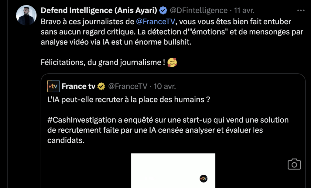 Defend Intelligence, une chaîne spécialisée en IA, s'offusque de cette partie du reportage, qui répète des choses infondées. Defend Intelligence, une chaîne spécialisée en IA, s'offusque de cette partie du reportage, qui répète des choses infondées.