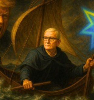 Tim Cook encerclé par Siri et Trump // Source : Création Numerama