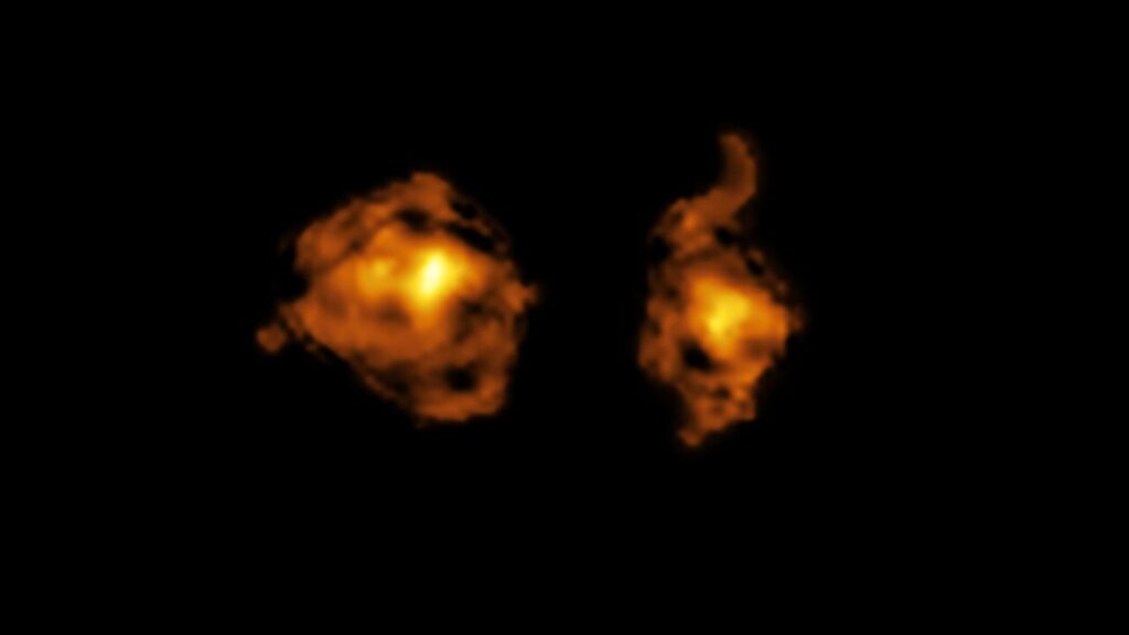 Image de l'ALMA montrant le contenu en gaz moléculaire de 2 galaxies impliquées dans une collision cosmique. A droite : celle avec un quasar // Source : ALMA (ESO/NAOJ/NRAO)/S. Balashev and P. Noterdaeme et al. Image de l'ALMA montrant le contenu en gaz moléculaire de 2 galaxies impliquées dans une collision cosmique. A droite : celle avec un quasar // Source : ALMA (ESO/NAOJ/NRAO)/S. Balashev and P. Noterdaeme et al.
