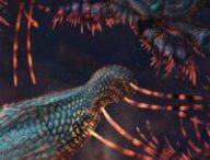 Représentation artistique des exosquelettes sensoriels du vertébré primitif sans mâchoires Astraspis attaqué par un scorpion de mer. // Source : Brian Engh (image recadrée)