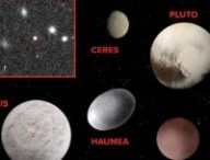 Une image composite montrant les cinq planètes naines reconnues par l'Union astronomique internationale, ainsi que l'objet transneptunien 2017 OF201 récemment découvert. // Source : Images de planètes naines : NASA/JPL-Caltech ; image de 2017 OF201 : Sihao Cheng et al