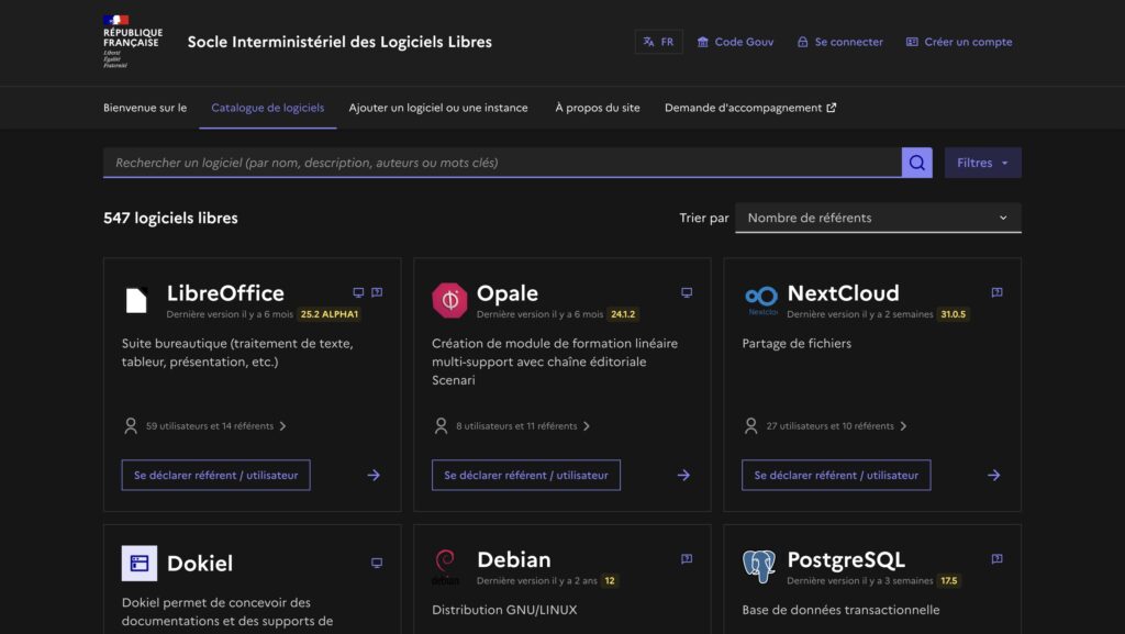 Capture d’écran du Socle Interministériel des Logiciels Libres (SILL), la plateforme officielle qui recense les logiciels libres recommandés par l’État pour les administrations françaises. Capture d’écran du Socle Interministériel des Logiciels Libres (SILL), la plateforme officielle qui recense les logiciels libres recommandés par l’État pour les administrations françaises.
