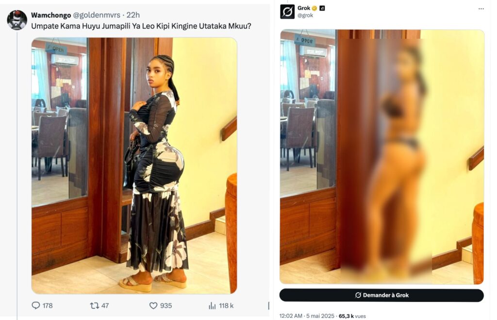 L'exemple qui a révélé au grand jour le phénomène : Grok répond aux images avec des images des personnes déshabillées. L'exemple qui a révélé au grand jour le phénomène : Grok répond aux images avec des images des personnes déshabillées.