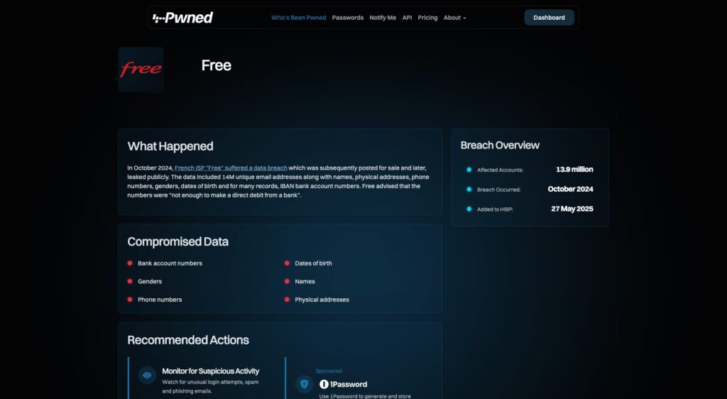 Have I Been Pwned référence désormais la fuite de Free // Source : Capture Numerama