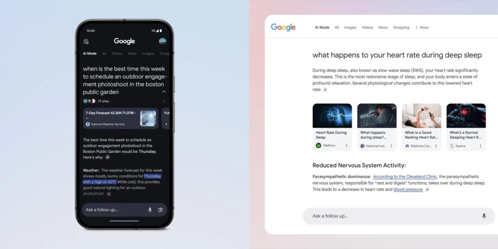 Aux US, Google teste le AI Mode, qui permet de faire des recherches en langage naturel. Aux US, Google teste le AI Mode, qui permet de faire des recherches en langage naturel.