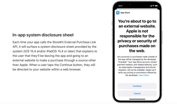 Cet affichage est aujourd'hui obligatoire pour les liens externes, avec du texte qui fait peur. Apple veut que les gens annulent. Cet affichage est aujourd'hui obligatoire pour les liens externes, avec du texte qui fait peur. Apple veut que les gens annulent.