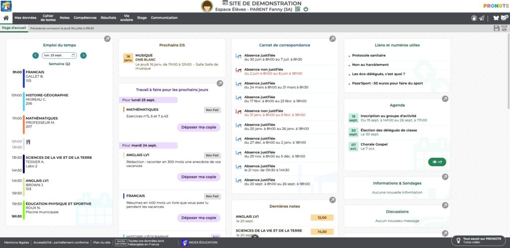 L'interface de Pronote // Source : Capture Numerama