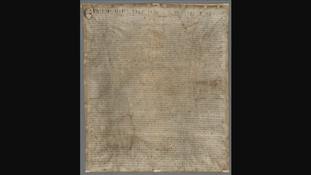 Capture d'écran du scan de la Magna Carta. // Source : Bibliothèque d'Harvard Capture d'écran du scan de la Magna Carta. // Source : Bibliothèque d'Harvard