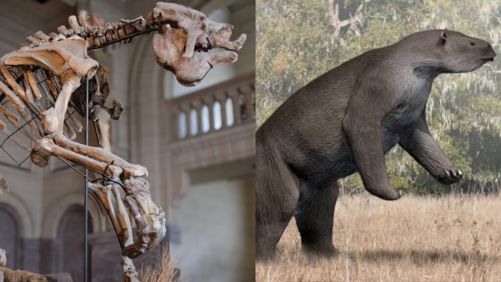 À gauche : un squelette de Megatherium. À droite : illustration de ce à quoi il pouvait ressembler de son vivant. // Source : Gauche : Florida Museum. Droite : Nobu Tamura (CC BY-SA 4.0).
