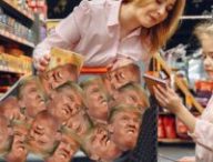 Des têtes de Trump dans un caddie de supermarché // Source : Montage Numerama
