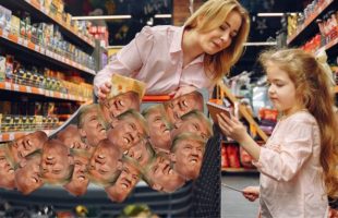 Des têtes de Trump dans un caddie de supermarché // Source : Montage Numerama