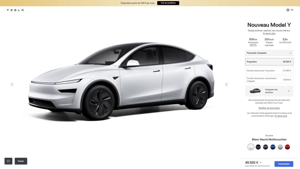 Configurateur du Tesla Model Y au 2 mai 2025 // Source : capture site Tesla Configurateur du Tesla Model Y au 2 mai 2025 // Source : capture site Tesla