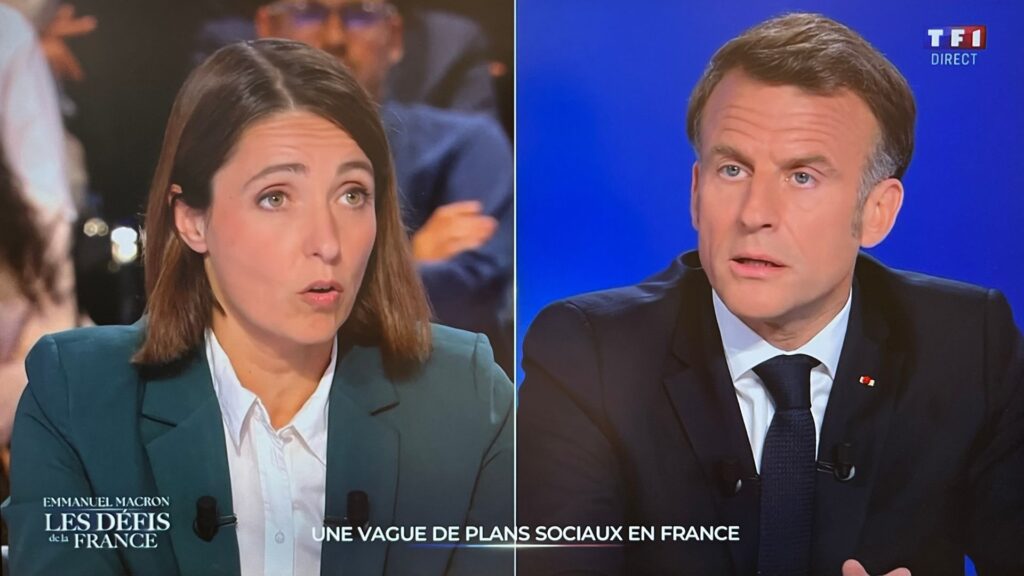 La patronne de la CGT Sophie Binet face à Emmanuel Macron // Source : TF1 (capture d'écran)
