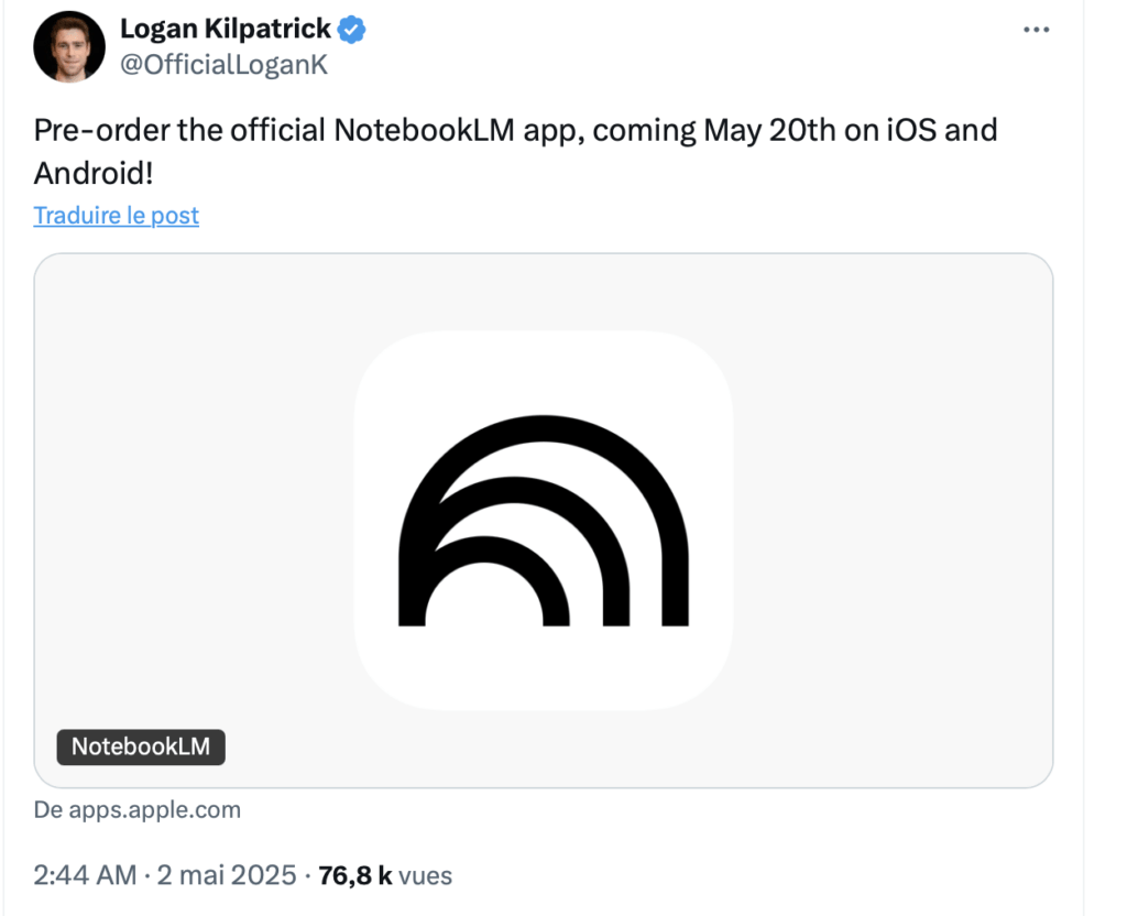Le responsable de Google AI Studio a partagé des liens vers l'app NotebookLM. Le responsable de Google AI Studio a partagé des liens vers l'app NotebookLM.