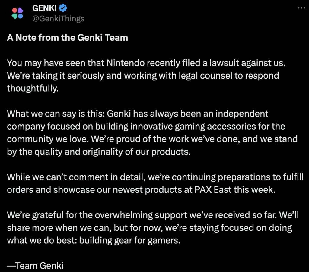 La réaction officielle de Genki à la plainte de Nintendo.