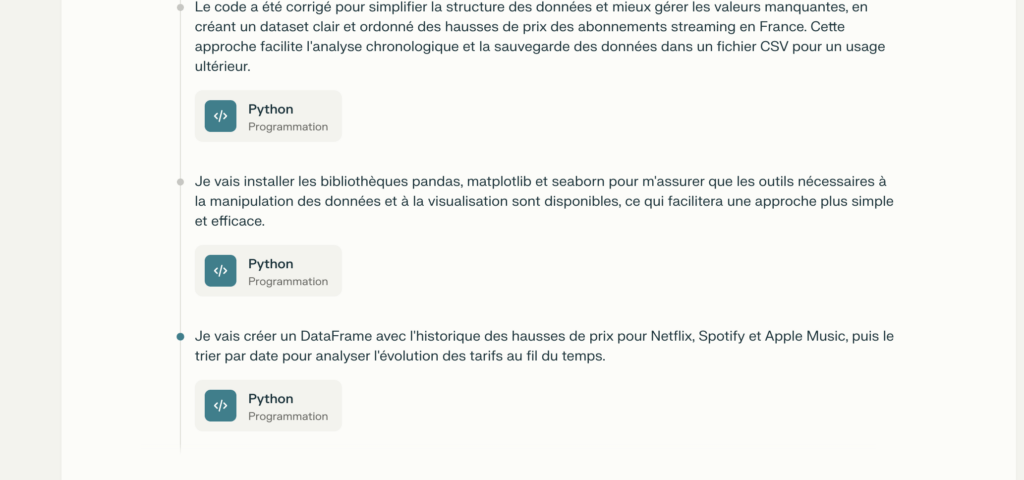 Ici, on demande à Perplexity Labs de « générer une chronologie illustrée de toutes les hausses de prix des principales plateformes de streaming ». Ici, on demande à Perplexity Labs de « générer une chronologie illustrée de toutes les hausses de prix des principales plateformes de streaming ».