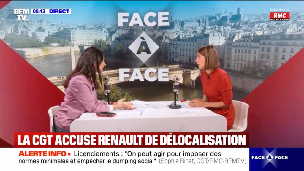 Sophie Binet - secrétaire générale de la CGT - sur le plateau de BFM TV // Source : Capture vidéo BFM Sophie Binet - secrétaire générale de la CGT - sur le plateau de BFM TV // Source : Capture vidéo BFM