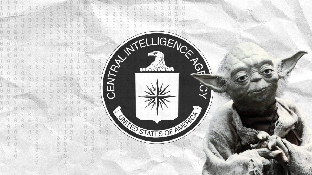 Collage Numerama: capture d’écran de Yoda issue de l’univers Star Wars, superposée au logo officiel de la CIA. 