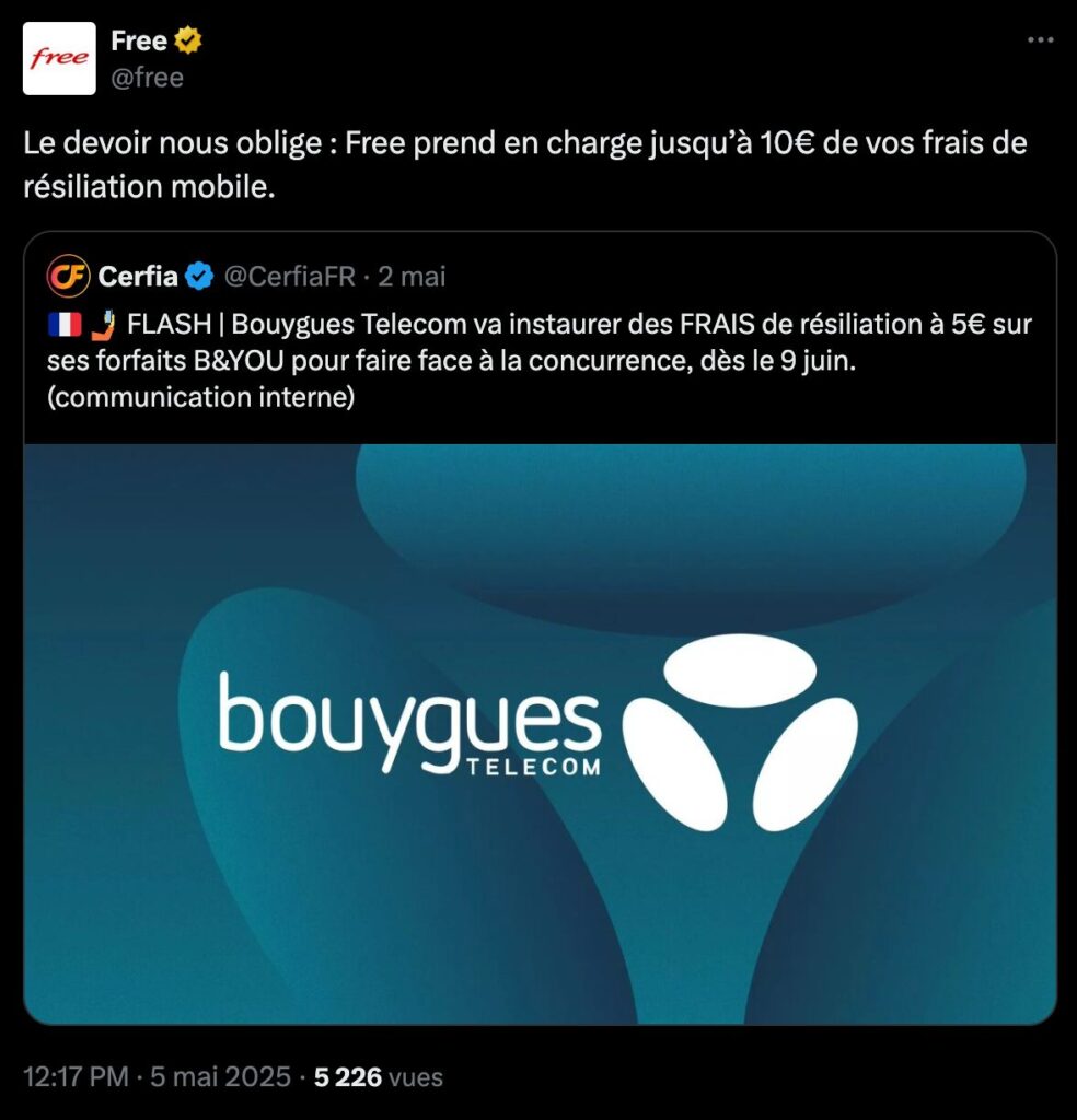 Free annonce rembourser les frais de résiliation (de Bouygues Telecom) // Source : Capture Numerama