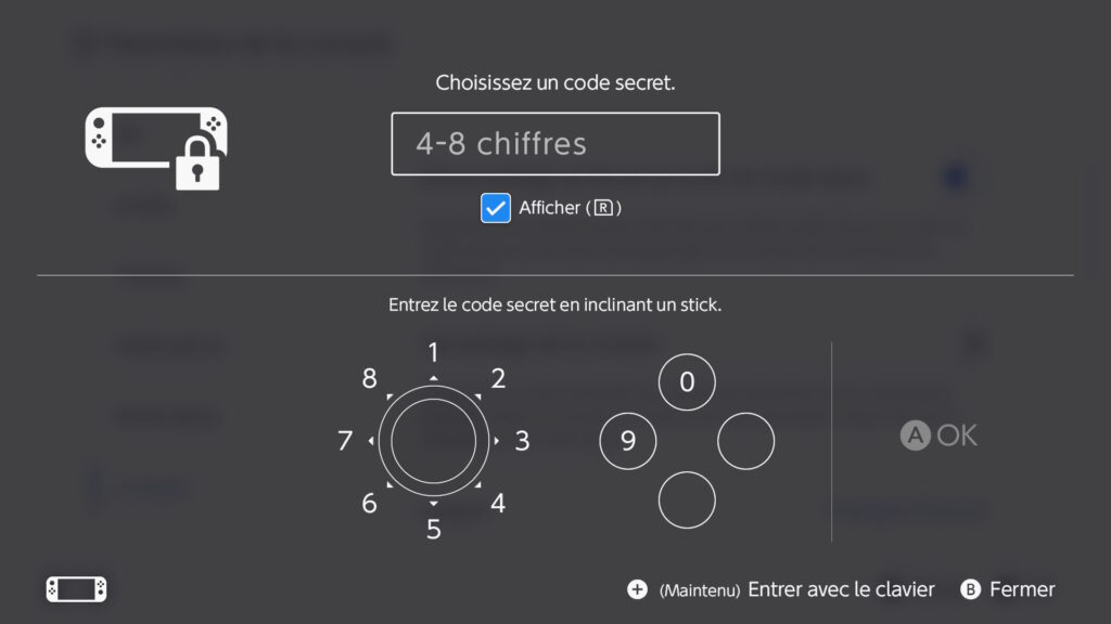 Le déverrouillage d'une Switch 2, avec des raccourcis pour chaque chiffre.