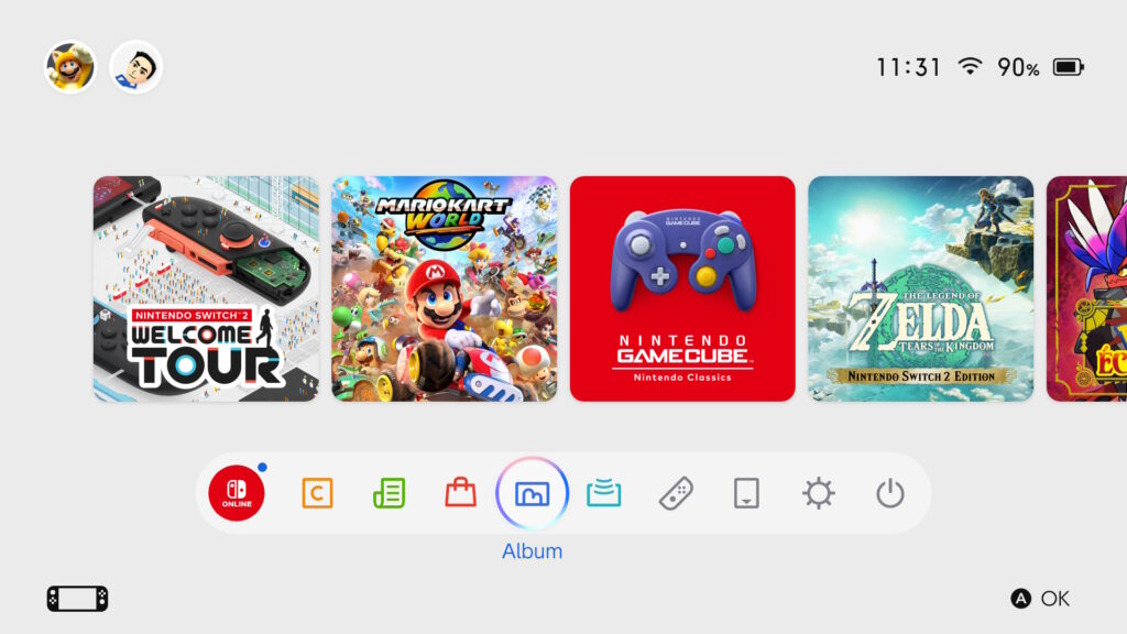 Aller dans le menu Album // Source : Capture Nintendo Switch 2