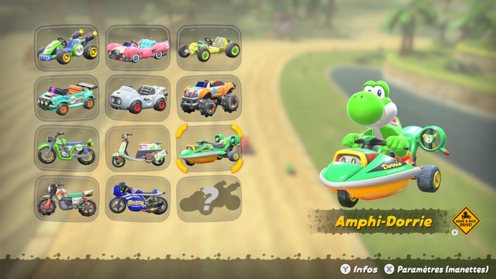 Le menu de sélection du kart, avec les paramètres en bas à droite. Le menu de sélection du kart, avec les paramètres en bas à droite.