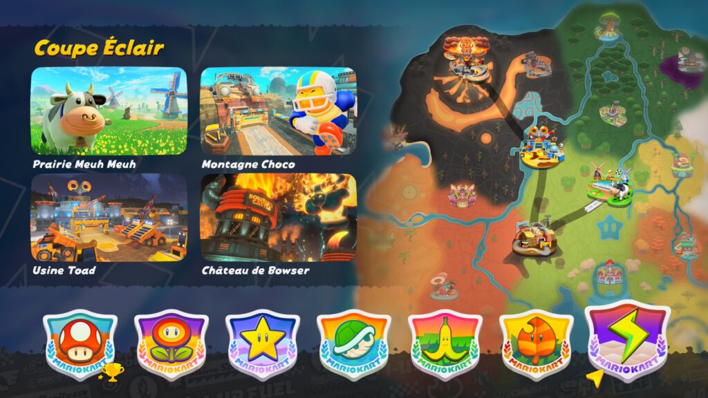 Les sept grands prix au lancement de Mario Kart World. Les sept grands prix au lancement de Mario Kart World.