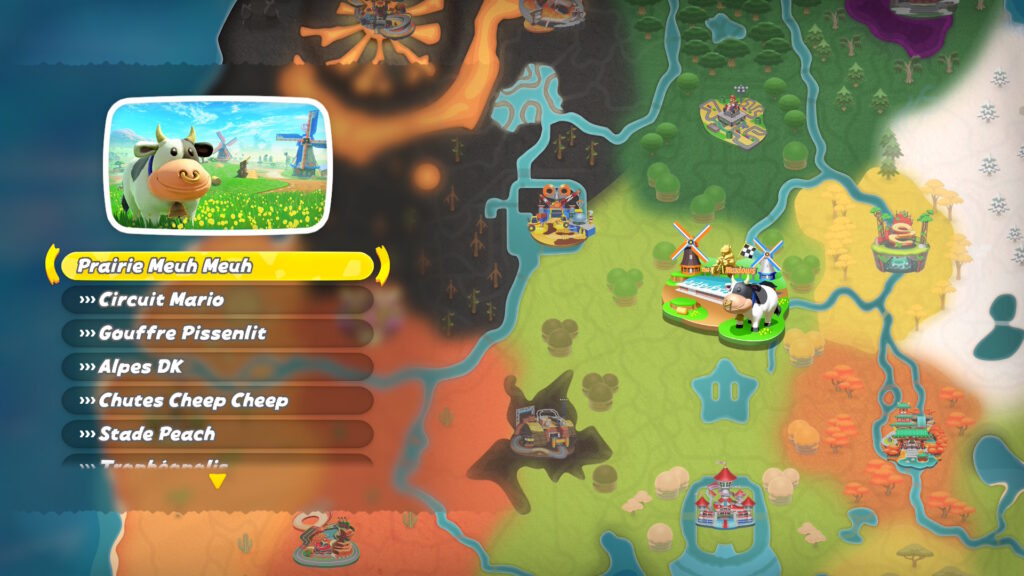 Si on double clique sur la Prairie Meuh Meuh, on a seulement la Prairie Meuh Meuh dans Mario Kart World.