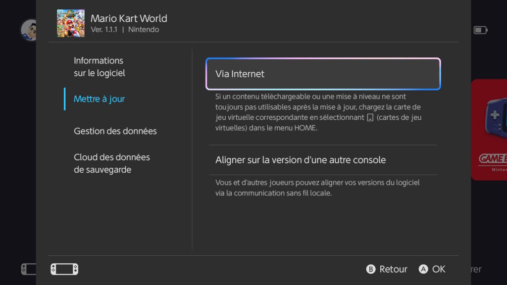 Le menu de mise à jour d'un jeu sur Nintendo Switch 2.