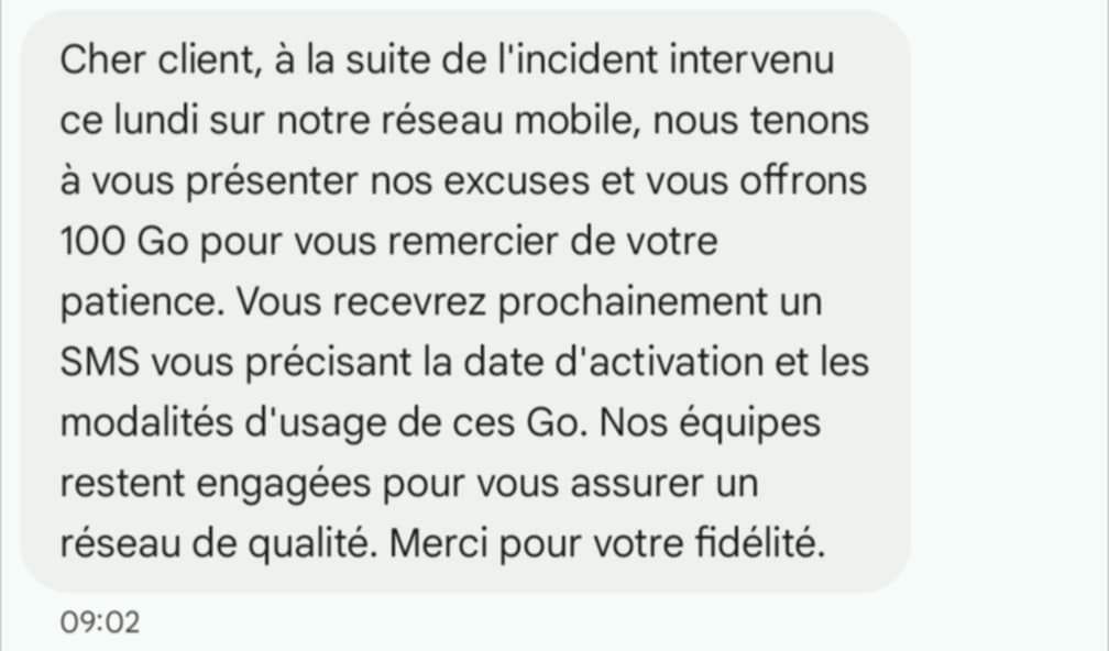 SFR envoie ce SMS à ses clients, pour leur annoncer leur dédommagement.