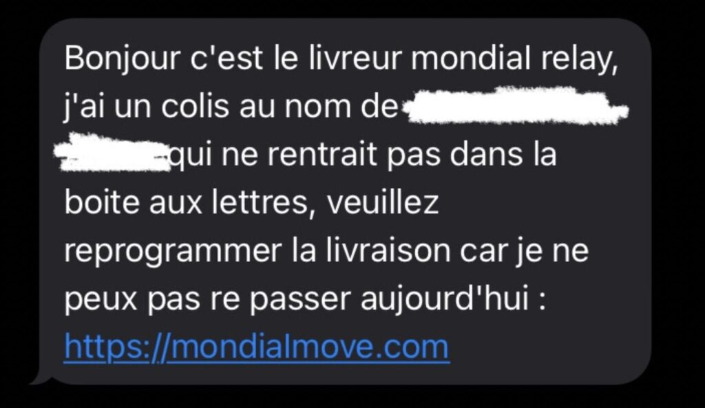 Exemple de SMS envoyé lors de la campagne de Phishing Mondial Relay // Source : Capture Numerama