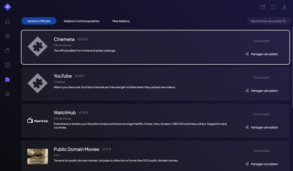 Les extensions officielles et pré-installées sur Stremio // Source : Capture Numerama