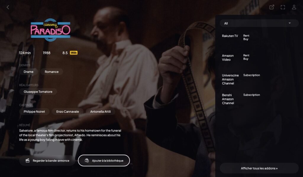 La fiche d'un film sur l'application Stremio // Source : Capture Numerama La fiche d'un film sur l'application Stremio // Source : Capture Numerama