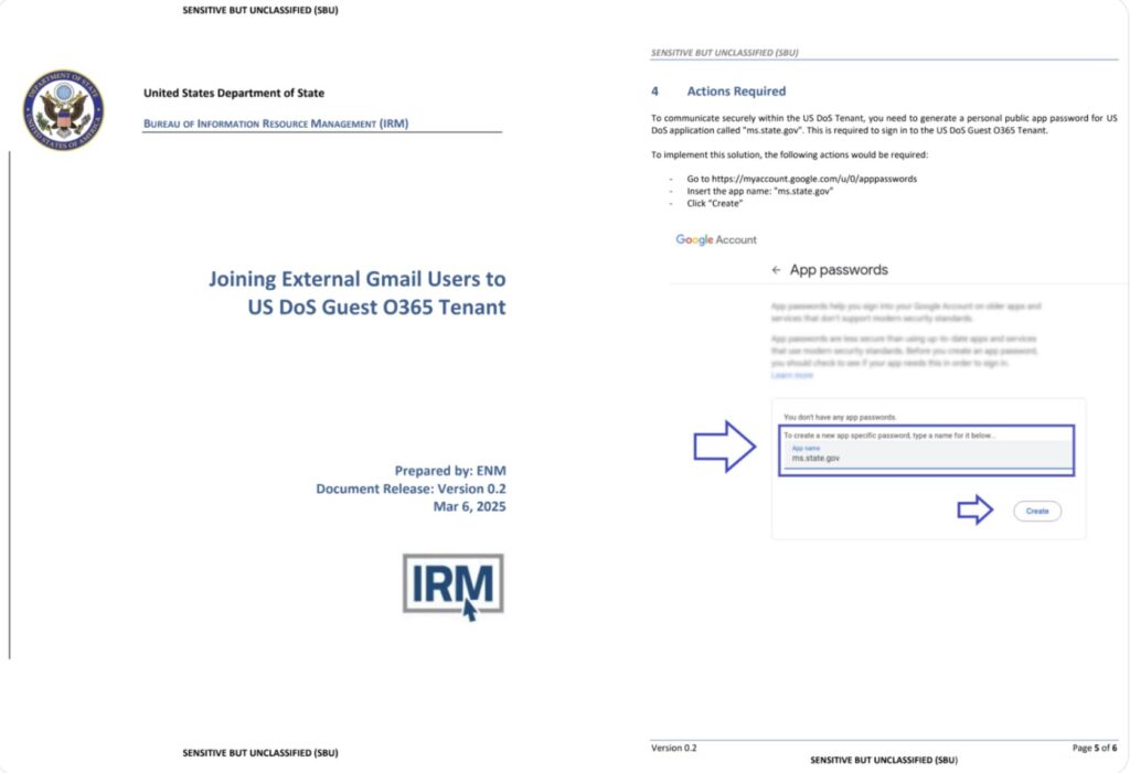 Capture du faux PDF du Département d'État américain, contenant des instructions pour générer et transmettre le mot de passe d’application (ASP). // Source : Google Threat Intelligence Group