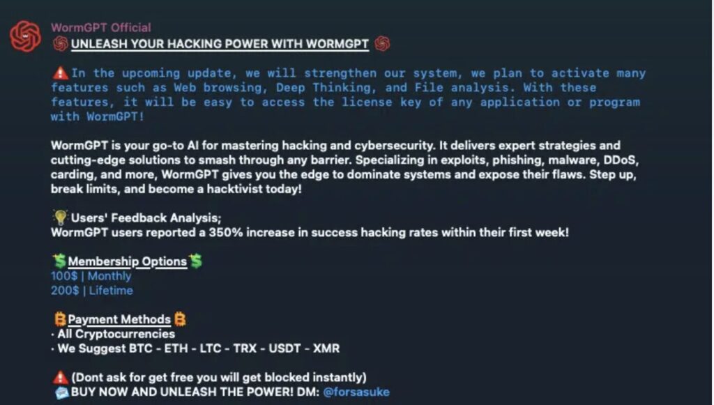Capture d'un chatbot Telegram, proposant la nouvelle version de WormGPT // Source : CATO Networks Capture d'un chatbot Telegram, proposant la nouvelle version de WormGPT // Source : CATO Networks